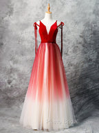 A-Line Red Velvet Tulle Long Formal Prom Dresses, Red Formal Dresses