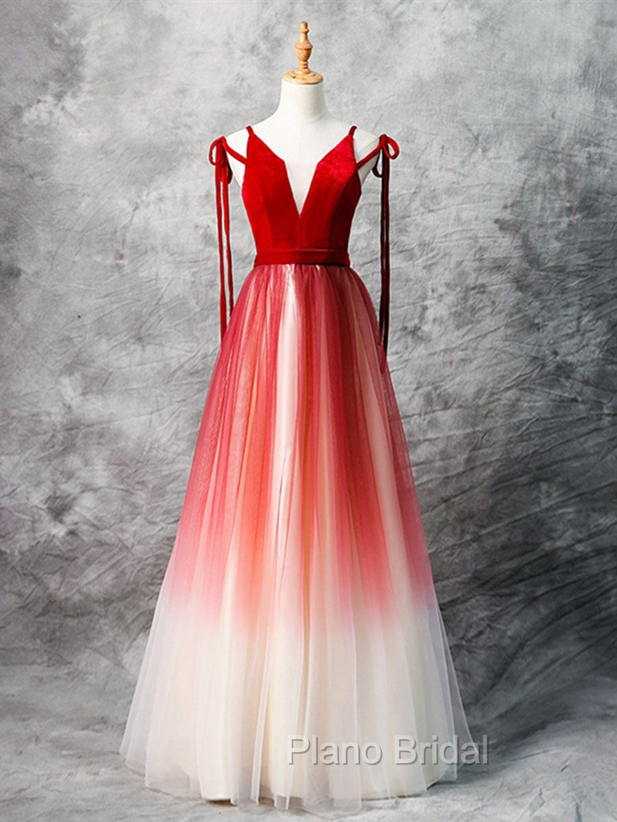 A-Line Red Velvet Tulle Long Formal Prom Dresses, Red Formal Dresses