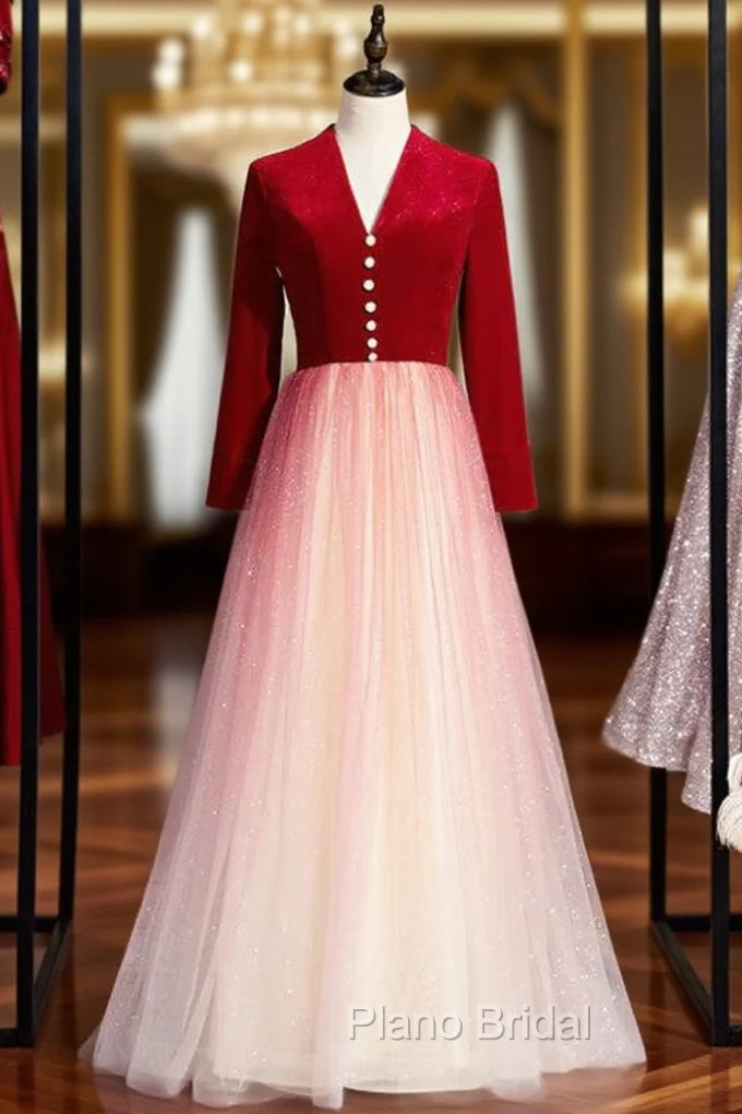 A-Line Red Velvet Tulle Long Sleeve Open Back Formal Prom Dresses Main image