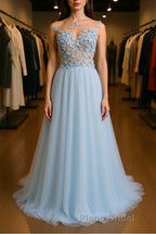 A Line Round Neck Baby Blue Lace Long Formal Prom Dress with Butterfly, Baby Blue Lace Formal Graduation Evening Dress