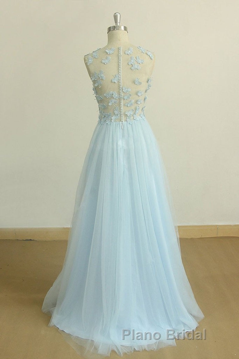 A Line Round Neck Baby Blue Lace Long Formal Prom Dress with Butterfly, Baby Blue Lace Formal Graduation Evening Dress Secondary image