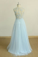 A Line Round Neck Baby Blue Lace Long Formal Prom Dress with Butterfly, Baby Blue Lace Formal Graduation Evening Dress