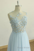 A Line Round Neck Baby Blue Lace Long Formal Prom Dress with Butterfly, Baby Blue Lace Formal Graduation Evening Dress