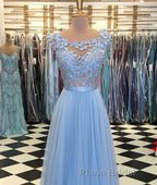 A Line Round Neck Blue Lace Appliques Tulle Long Formal Prom Dresses, Blue Lace Graduation Dresses, Blue Evening Formal Dresses