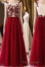 A Line Round Neck Burgundy Lace Tulle Long Formal Prom Dress, Burgundy Lace Evening Dress, Burgundy Lace Graduation Dress
