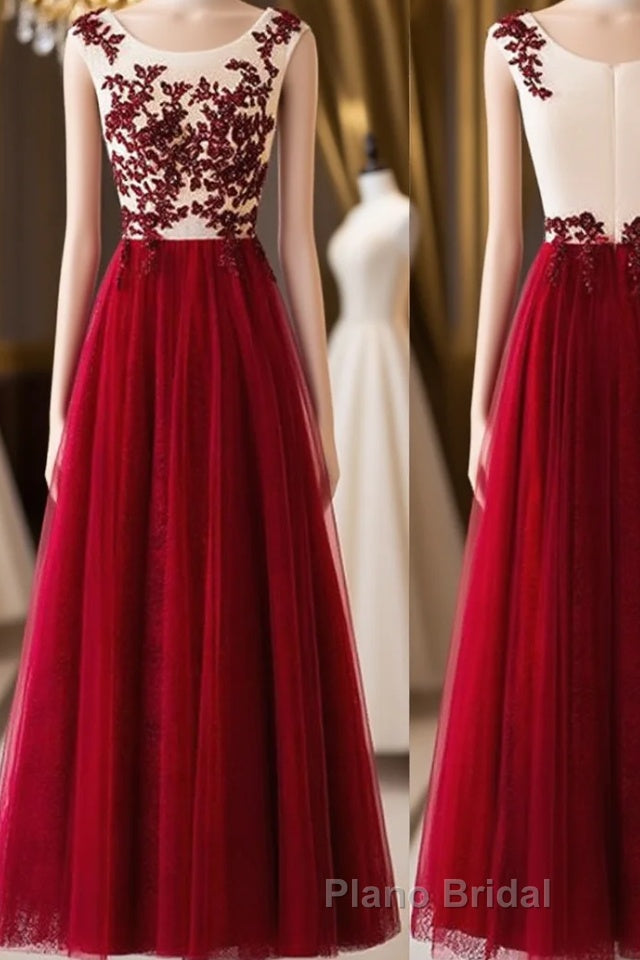 A Line Round Neck Burgundy Lace Tulle Long Formal Prom Dress, Burgundy Lace Evening Dress, Burgundy Lace Graduation Dress Main image