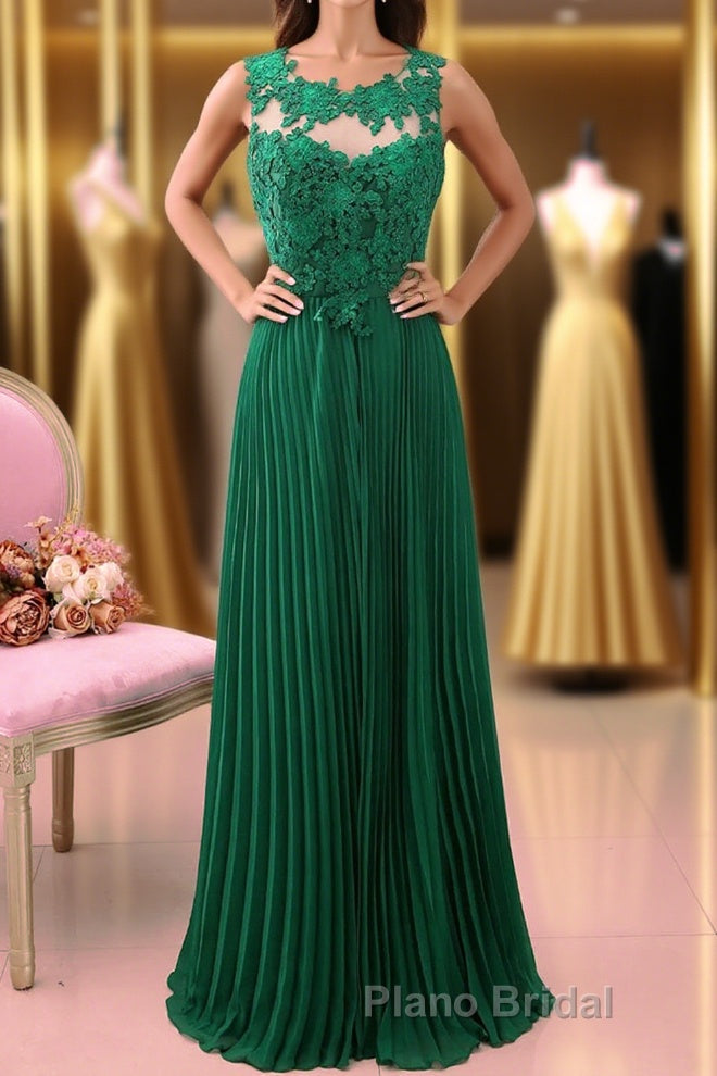 A Line Round Neck Green Lace Long Formal Prom Dress Bridesmaid Dress, Open Back Lace Green Formal Dress, Green Lace Evening Dress Main image