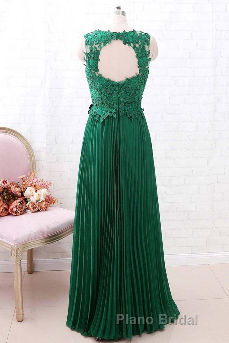 A Line Round Neck Green Lace Long Formal Prom Dress Bridesmaid Dress, Open Back Lace Green Formal Dress, Green Lace Evening Dress