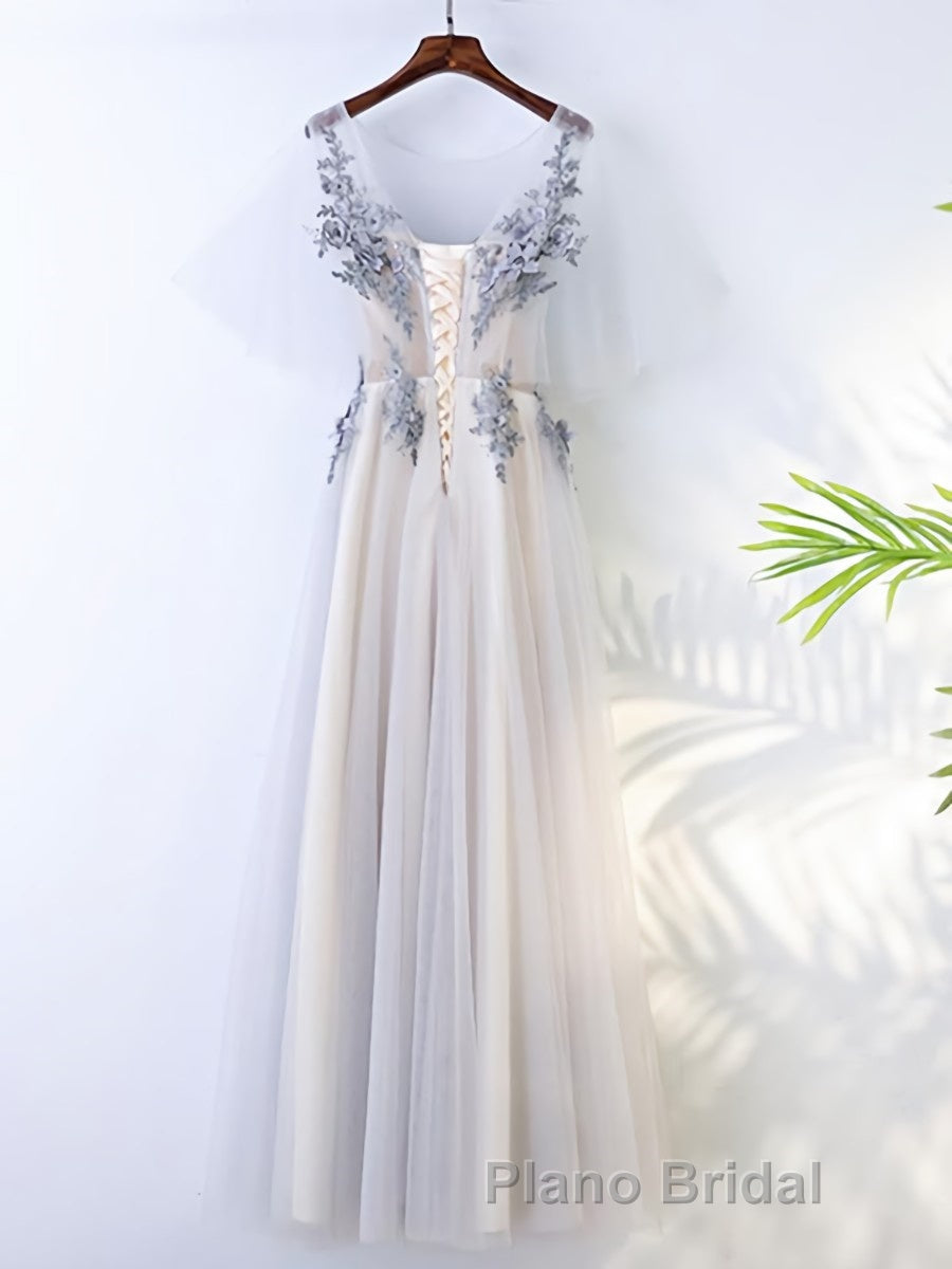 A Line Round Neck Half Sleeves Gray Lace Formal Prom Dresses, Gray Floral Long Formal Evening Dresses
