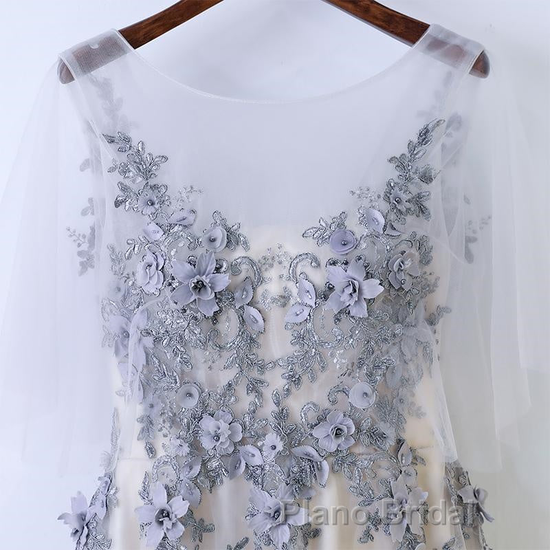 A Line Round Neck Half Sleeves Gray Lace Formal Prom Dresses, Gray Floral Long Formal Evening Dresses