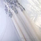 A Line Round Neck Half Sleeves Gray Lace Formal Prom Dresses, Gray Floral Long Formal Evening Dresses