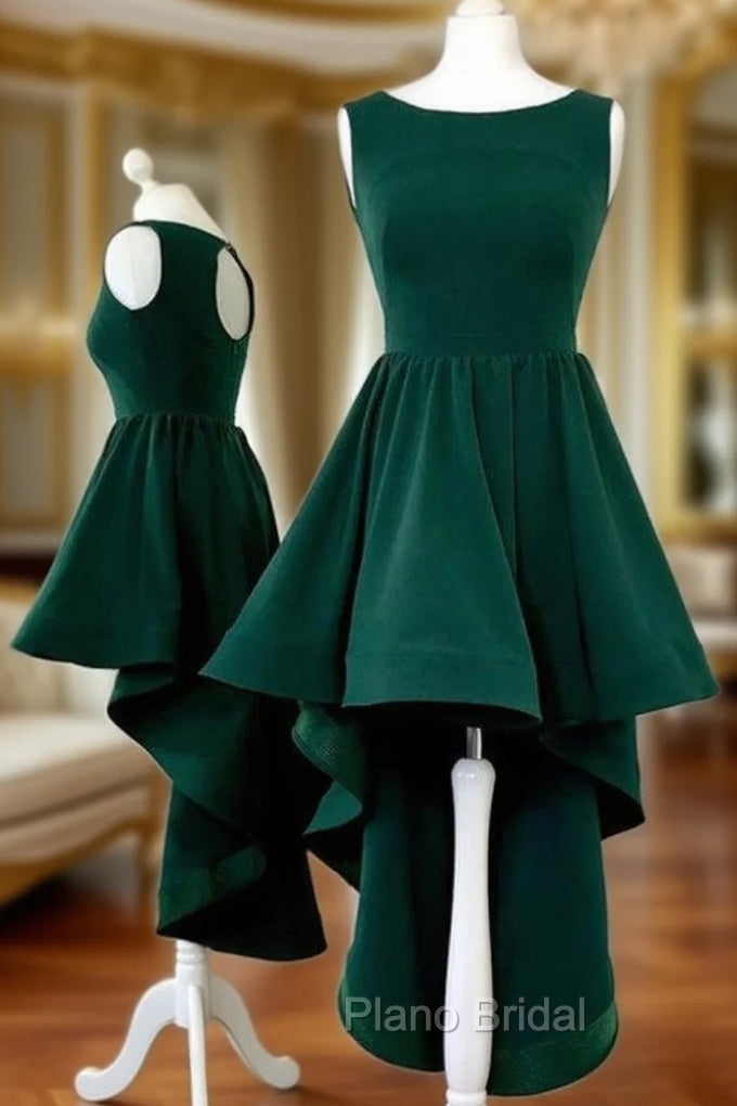 A-Line Round Neck High-Low Open Back Green Formal Prom Dresses