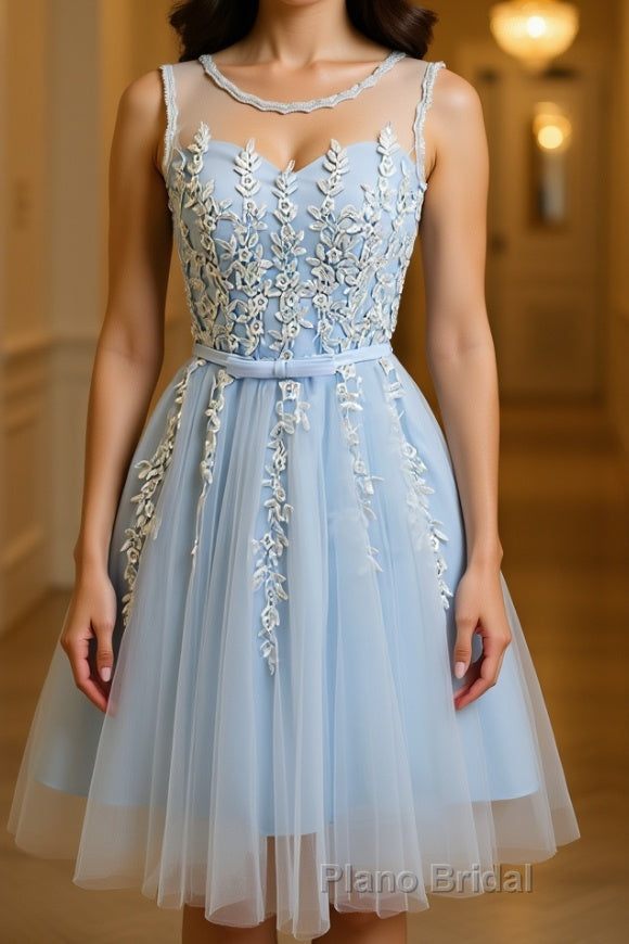 A Line Round Neck Lace Blue Short Formal Prom Dress, Short Blue Lace Formal Graduation Homecoming Dress Main image