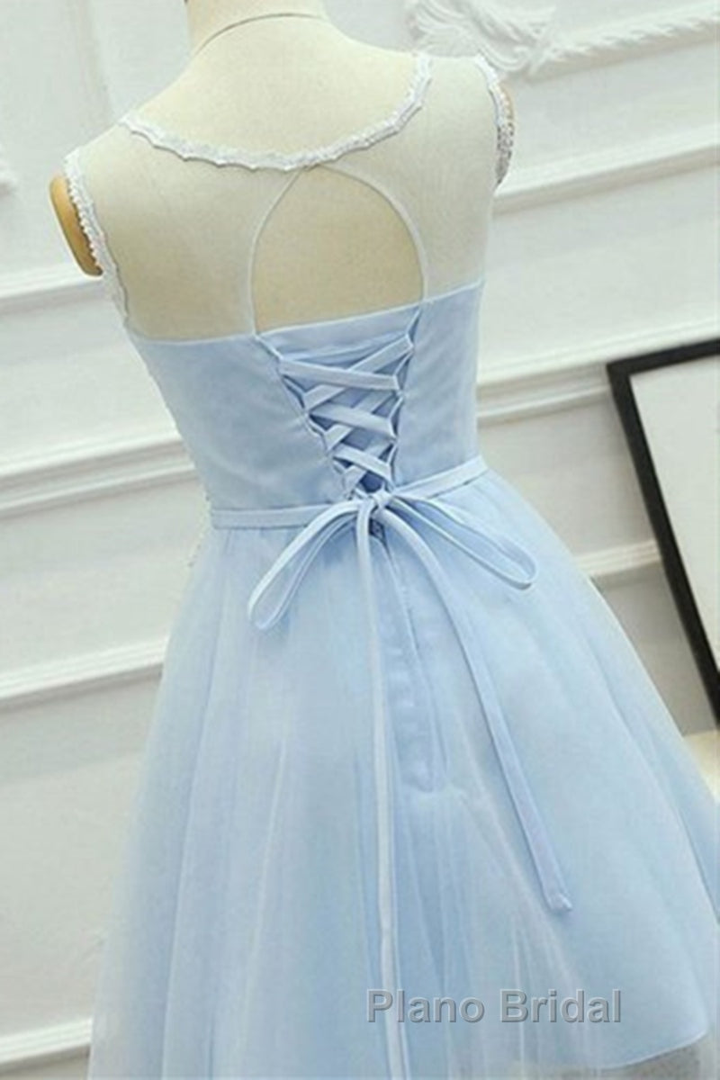 A Line Round Neck Lace Blue Short Formal Prom Dress, Short Blue Lace Formal Graduation Homecoming Dress Secondary image