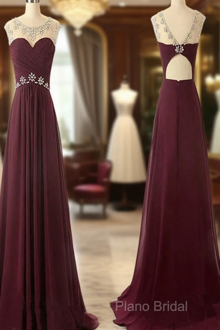 A Line Round Neck Maroon Formal Prom Dresses, Maroon Formal Dresses, Bridesmaid Dresses