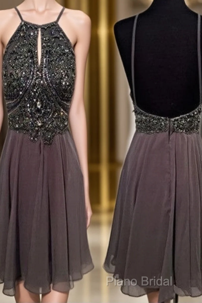 A Line Round Neck Short Grey Backless Formal Prom Dresses, Short Grey Backless Formal Dresses, Homecoming Dresses, Graduation Dresses