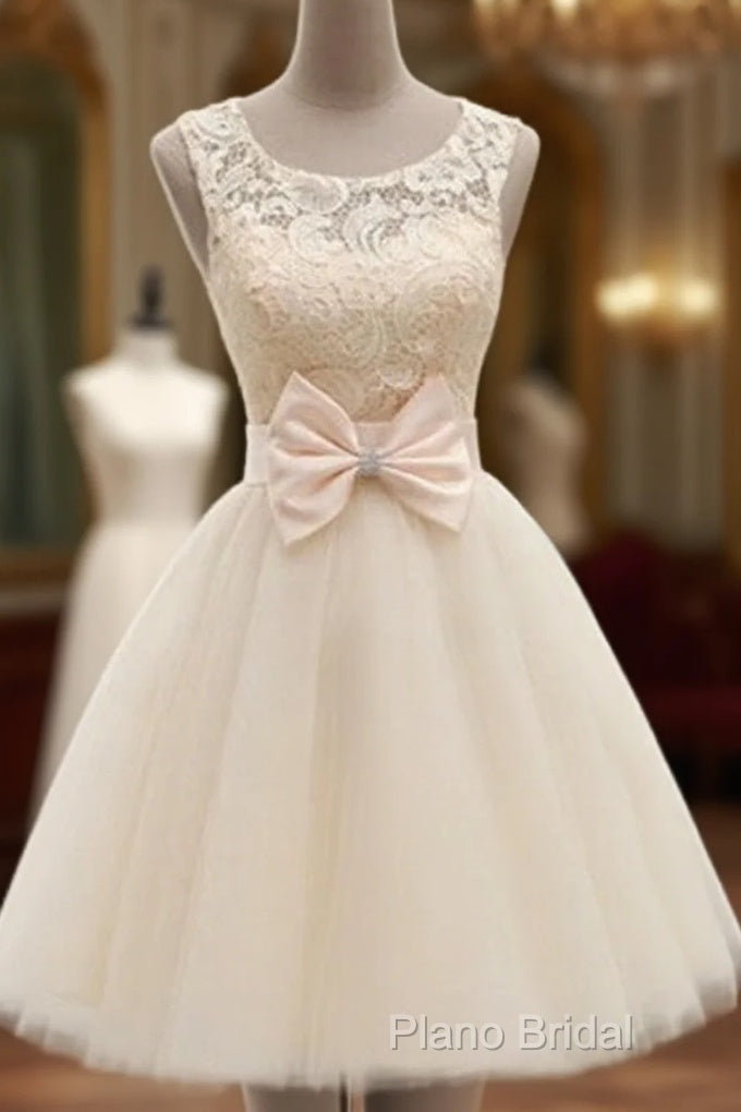 A Line Round Neck Short Ivory Lace Formal Prom Dresses, Short Champagne Lace Bridesmaid Dresses, Lace Homecoming Dresses, Lace Graduation Dresses Main image