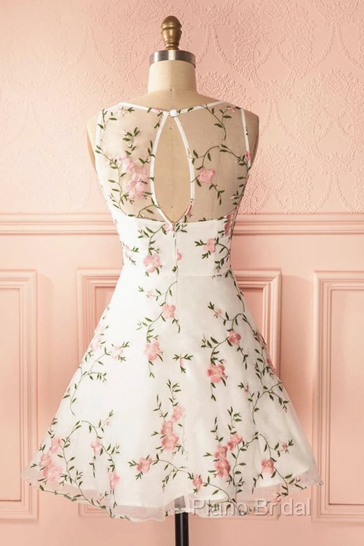 A Line Round Neck Short Lace Floral Formal Prom Dresses, Short Lace Floral Formal Homecoming Dresses