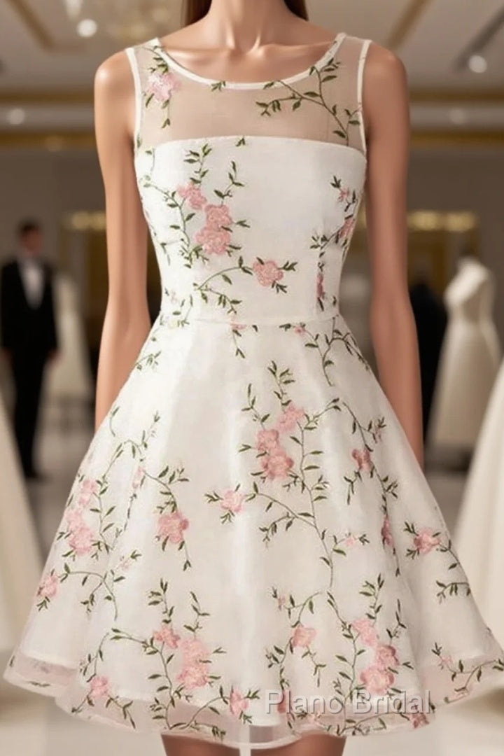 A Line Round Neck Short Lace Floral Formal Prom Dresses, Short Lace Floral Formal Homecoming Dresses Main image