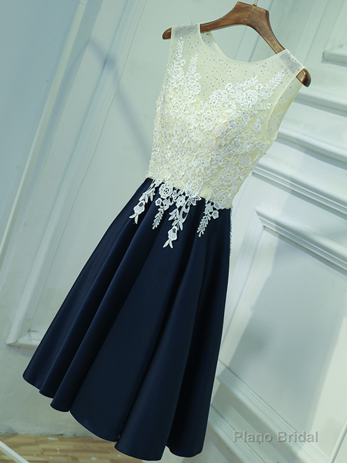 A Line Round Neck Short Lace Prom Dresses, Navy Blue Short Lace Formal Homecoming Dresses Main image