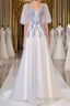 A Line Round Neck Short Sleeves Lace Formal Prom Dresses With Appliques, Lace Formal Dresses