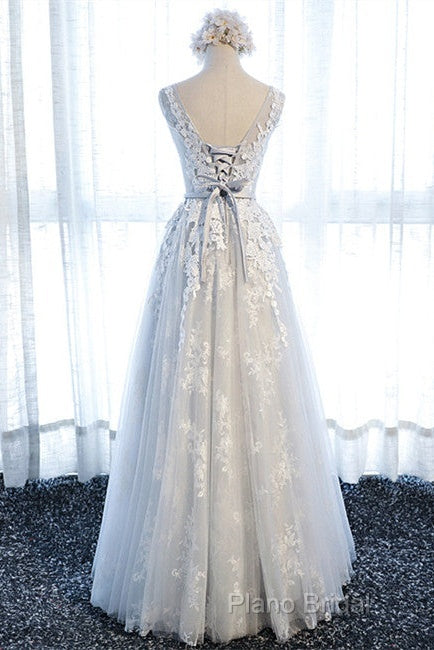 A Line Round Neck Sleeveless Lace Grey/Pink/Champagne Formal Prom Dresses, Lace Formal Dresses, Formal Dresses Secondary image