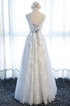 A Line Round Neck Sleeveless Lace Grey/Pink/Champagne Formal Prom Dresses, Lace Formal Dresses, Formal Dresses