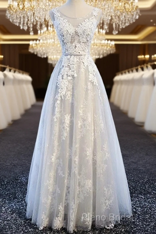 A Line Round Neck Sleeveless Lace Grey/Pink/Champagne Formal Prom Dresses, Lace Formal Dresses, Formal Dresses