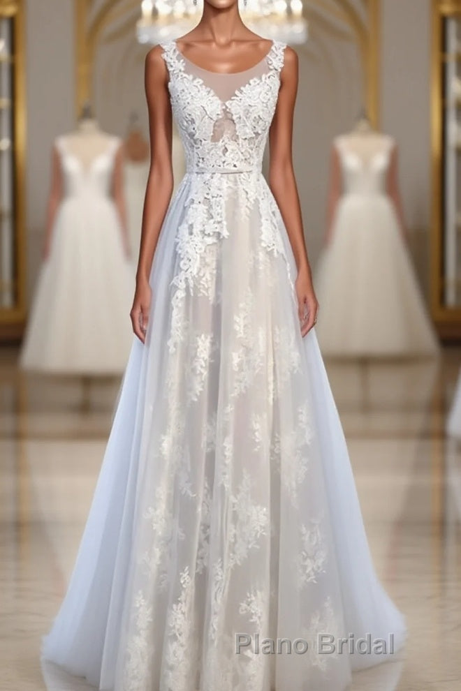 A Line Round Neck Sleeveless Lace Formal Prom Dresses, Lace Formal Dresses Main image