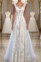 A Line Round Neck Sleeveless Lace Formal Prom Dresses, Lace Formal Dresses