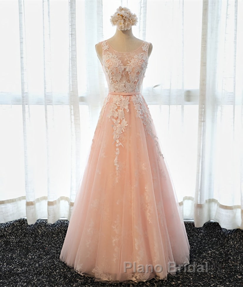 A Line Round Neck Sleeveless Lace Formal Prom Dresses, Lace Formal Dresses