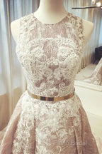 A Line Round Neck Sleeveless Ruched Lace Long Formal Prom Wedding Dresses With Belt