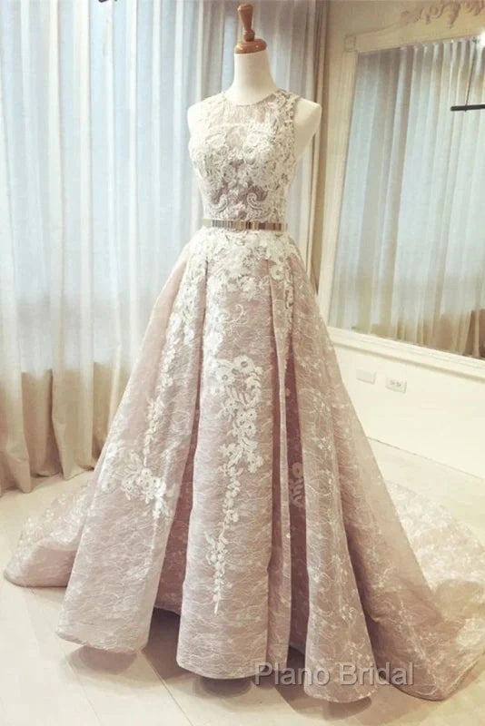 A Line Round Neck Sleeveless Ruched Lace Long Formal Prom Wedding Dresses With Belt
