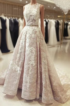 A Line Round Neck Sleeveless Ruched Lace Long Formal Prom Wedding Dresses With Belt