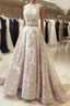 A Line Round Neck Sleeveless Ruched Lace Long Formal Prom Wedding Dresses With Belt