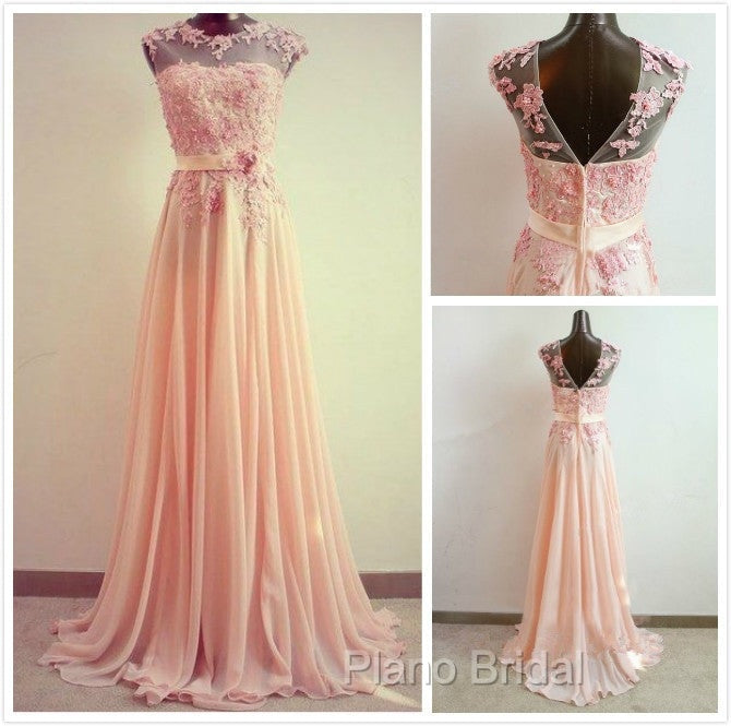 A-Line Round Neck Sweep Train Lace Coral Formal Prom Dresses, Formal Dresses, Lace Bridesmaid Dresses Secondary image