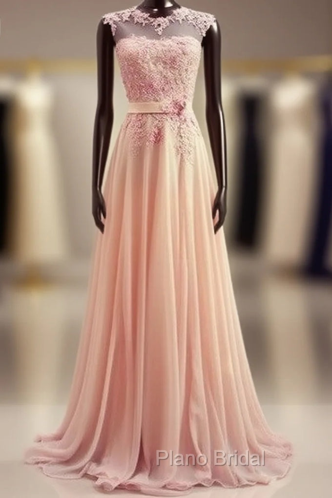 A-Line Round Neck Sweep Train Lace Coral Formal Prom Dresses, Formal Dresses, Lace Bridesmaid Dresses Main image