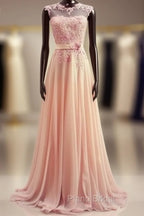 A-Line Round Neck Sweep Train Lace Coral Formal Prom Dresses, Formal Dresses, Lace Bridesmaid Dresses