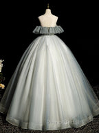 A-Line Round Neck Tulle Gray Blue Long Formal Prom Dresses, Tulle Sequin Lace Long Evening Dresses