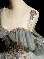 A-Line Round Neck Tulle Gray Blue Long Formal Prom Dresses, Tulle Sequin Lace Long Evening Dresses