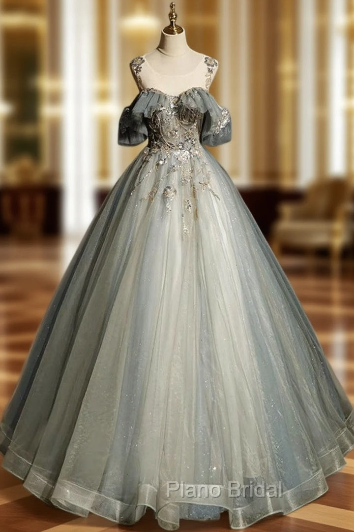 A-Line Round Neck Tulle Gray Blue Long Formal Prom Dresses, Tulle Sequin Lace Long Evening Dresses Main image