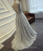 A-Line Round Neck Tulle Lace Long Gray Formal Prom Dresses, Bridesmaid Dresses