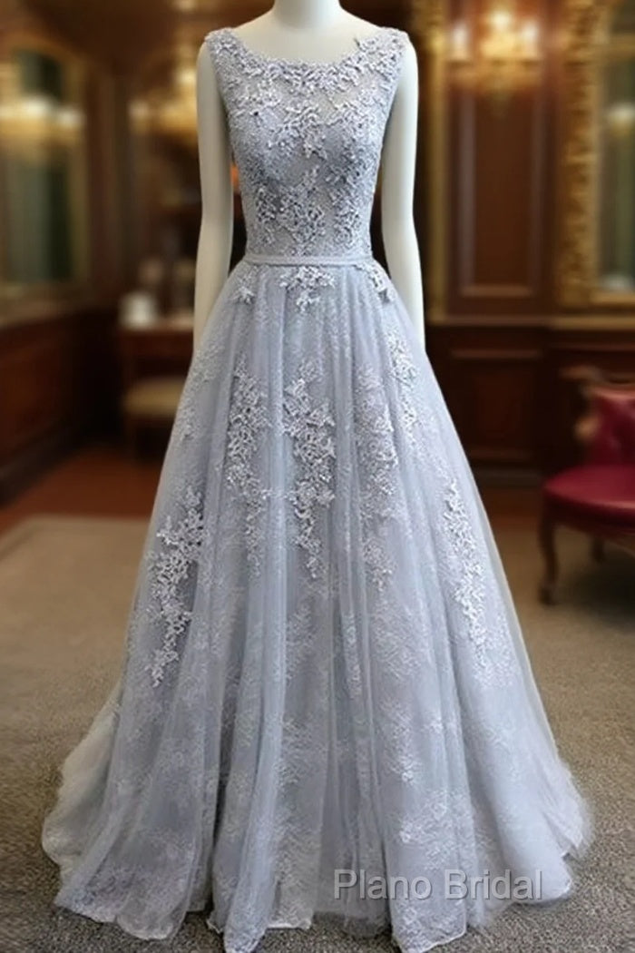 A-Line Round Neck Tulle Lace Long Gray Formal Prom Dresses, Bridesmaid Dresses Main image