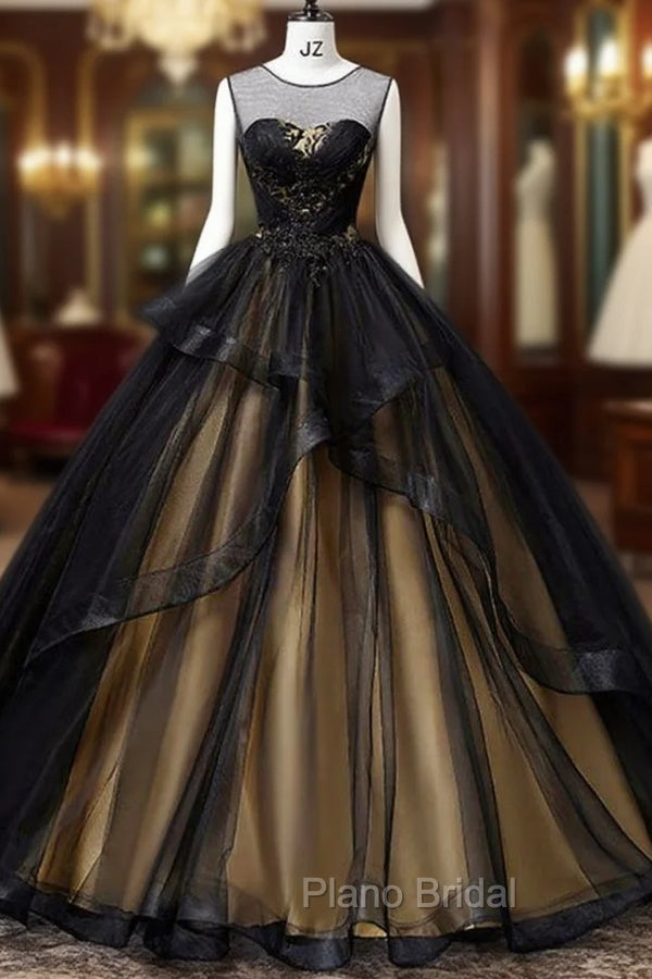 A-Line Round Neck Tulle Long Formal Prom Dresses, Elegant Evening Dresses Main image