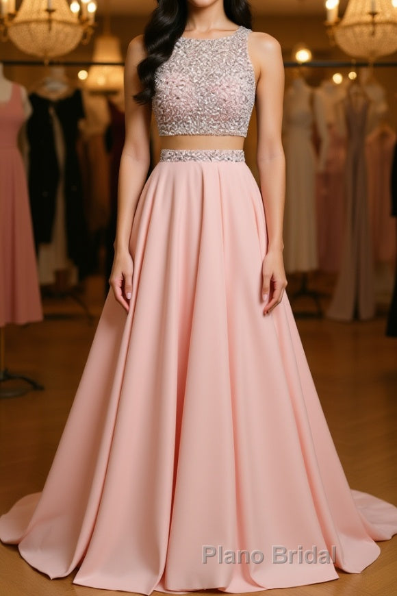 A Line Round Neck Two Pieces Beaded Pink Formal Prom Dresses, Two Pieces Pink Formal Dresses, Pink Evening Dresses Main image