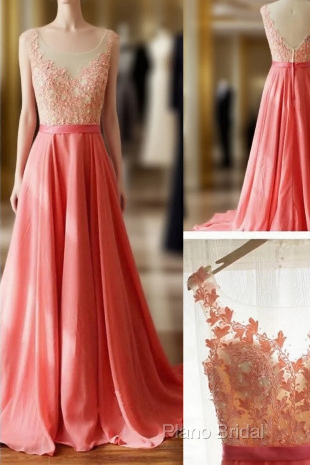 A Line Round Neck V Neck Back Long Coral Lace Formal Prom Dresses, Long Lace Formal Dresses, Formal Dresses, Bridesmaid Dresses Main image
