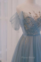 A-Line Round Neckline Blue Tulle With Lace Long Party Dresses, Tulle Formal Dresses Formal Prom Dresses