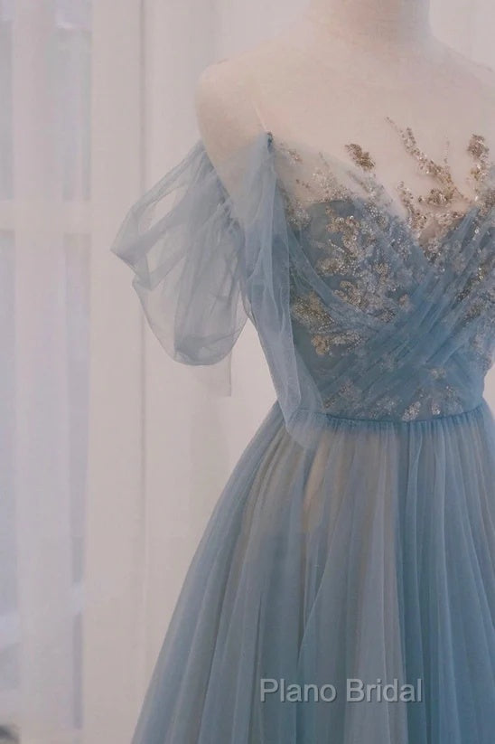 A-Line Round Neckline Blue Tulle With Lace Long Party Dresses, Tulle Formal Dresses Formal Prom Dresses