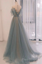 A-Line Round Neckline Blue Tulle With Lace Long Party Dresses, Tulle Formal Dresses Formal Prom Dresses