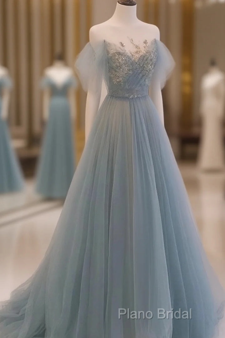 A-Line Round Neckline Blue Tulle With Lace Long Party Dresses, Tulle Formal Dresses Formal Prom Dresses Main image